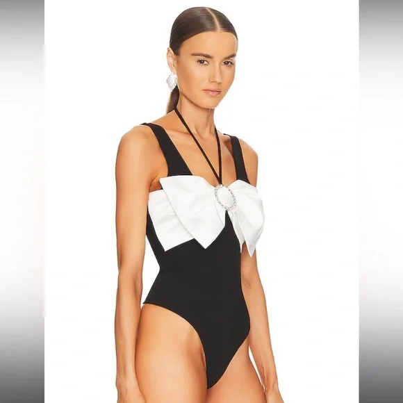 NEW Revolve NBD Cella Bodysuit Black & Ivory Bow Halter Tank Top Size Small NWT - Picture 3 of 11
